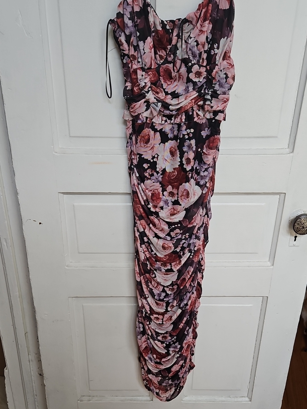 Floral Ruched Maxi Skirt in Pink and Black